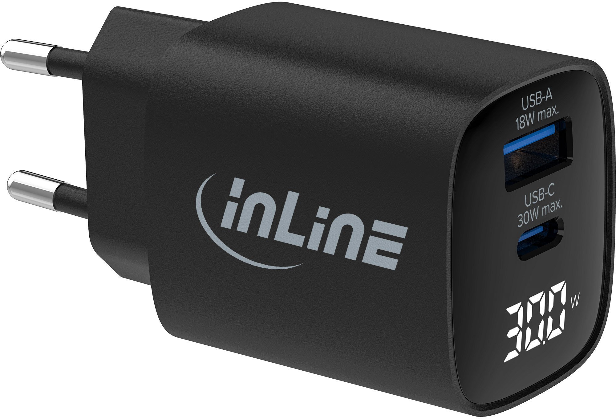InLine® USB PD Netzteil, GaN Ladegerät, 2-Port, USB-C + USB-A, 30W, mit Display