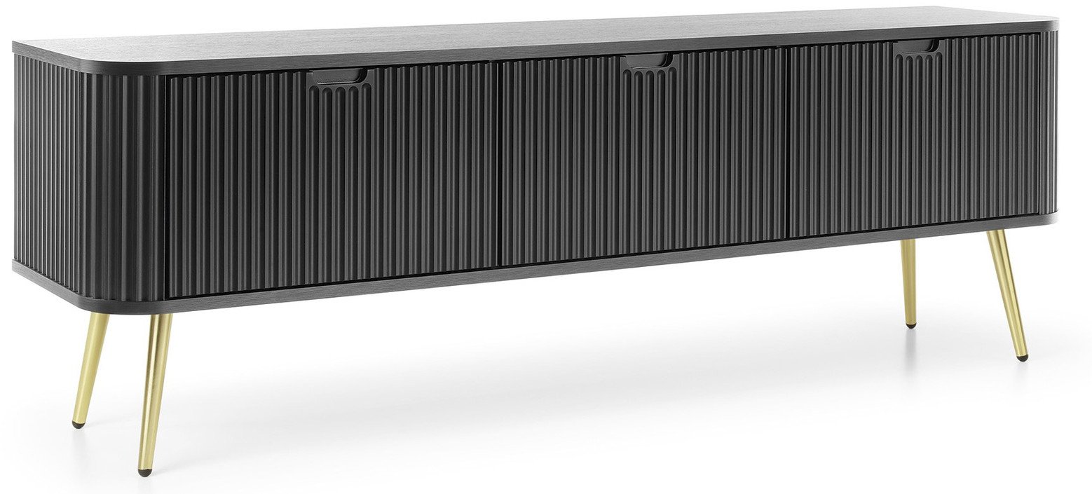 Szafka RTV Porto 168cm w kolorze czarnym trzydrzwiowa z ryflowanymi frontami i złotymi nogami