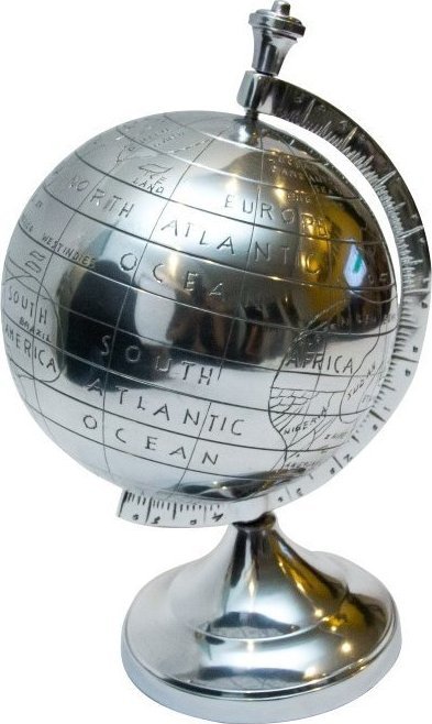 Metalowy srebrzysty globus 60545, wymiary 29x25,5cm
