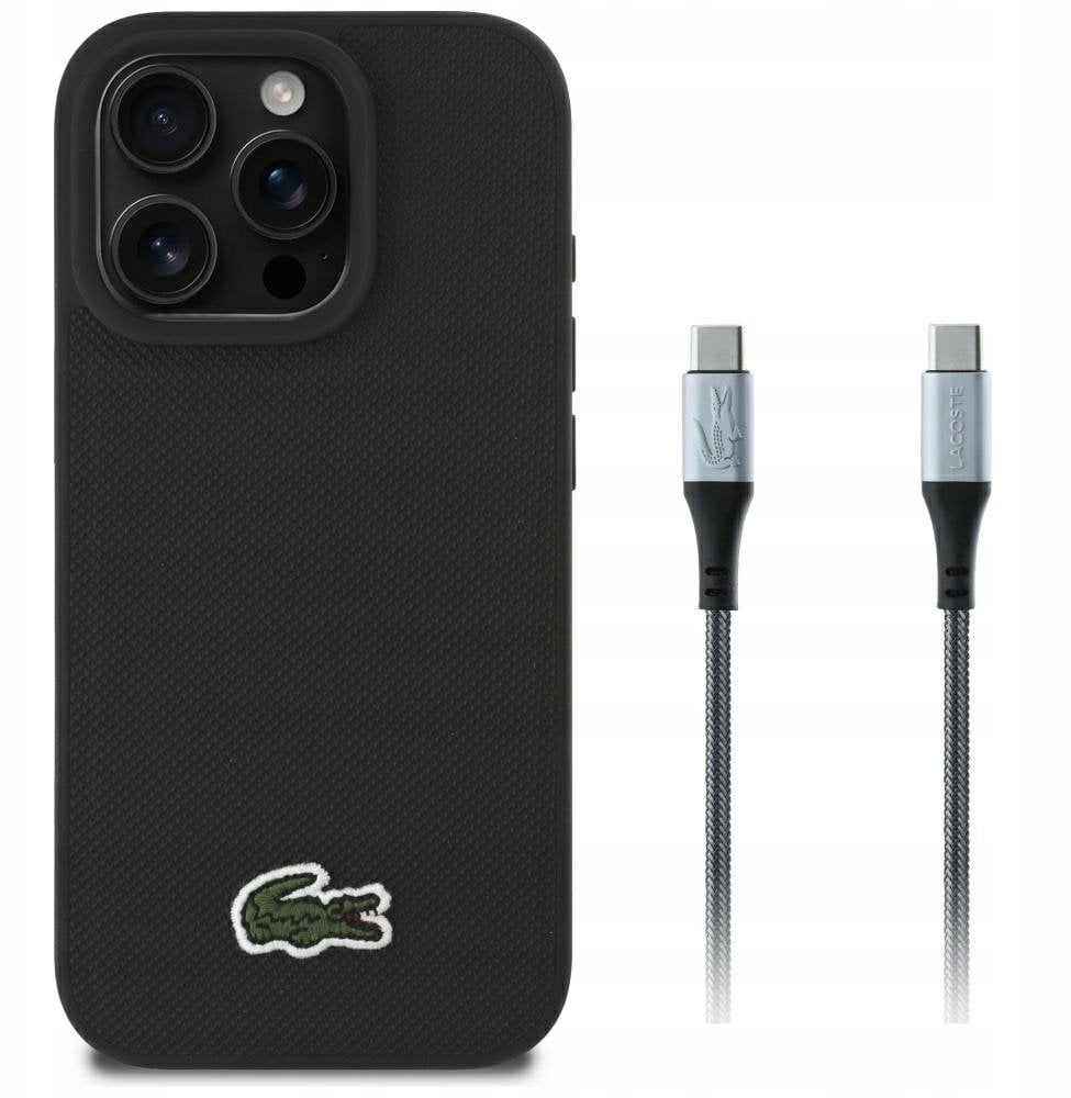 Zestaw 2w1 Lacoste Etui + Kabel USB-C Iconic Petit Pique Woven MagSafe do iPhone 16 Pro Max czarny