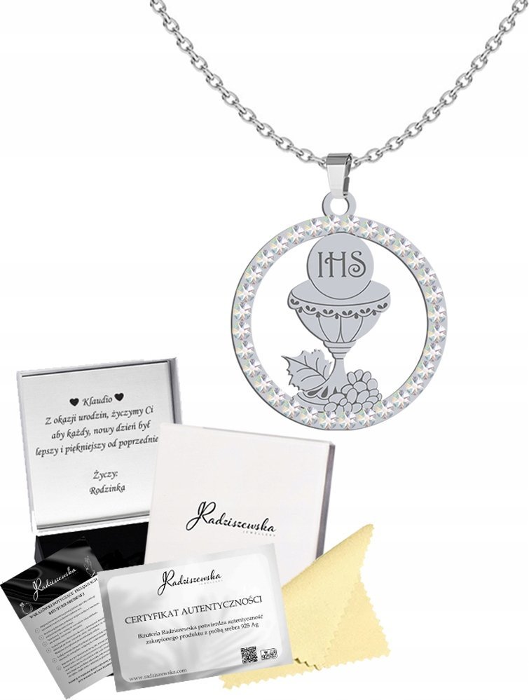 Radziszewska Jewellery Srebrny Łańcuszek z Medalikiem Hostia z Kielichem 925 Komunia GRAWER GRATIS