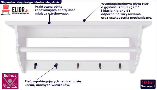 Elior Barokowy wieszak ścienny z półką Nedris - Biały