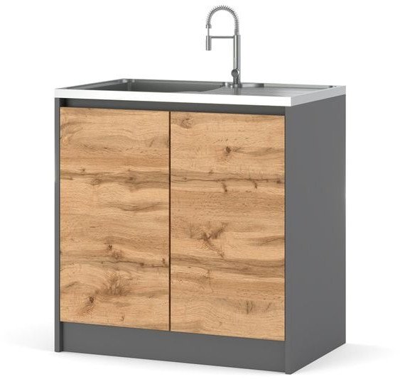 Szafka Kuchenna Stojąca Z Blatem Pod Zlew Bella 80cm Szary Mat Dąb Wotan