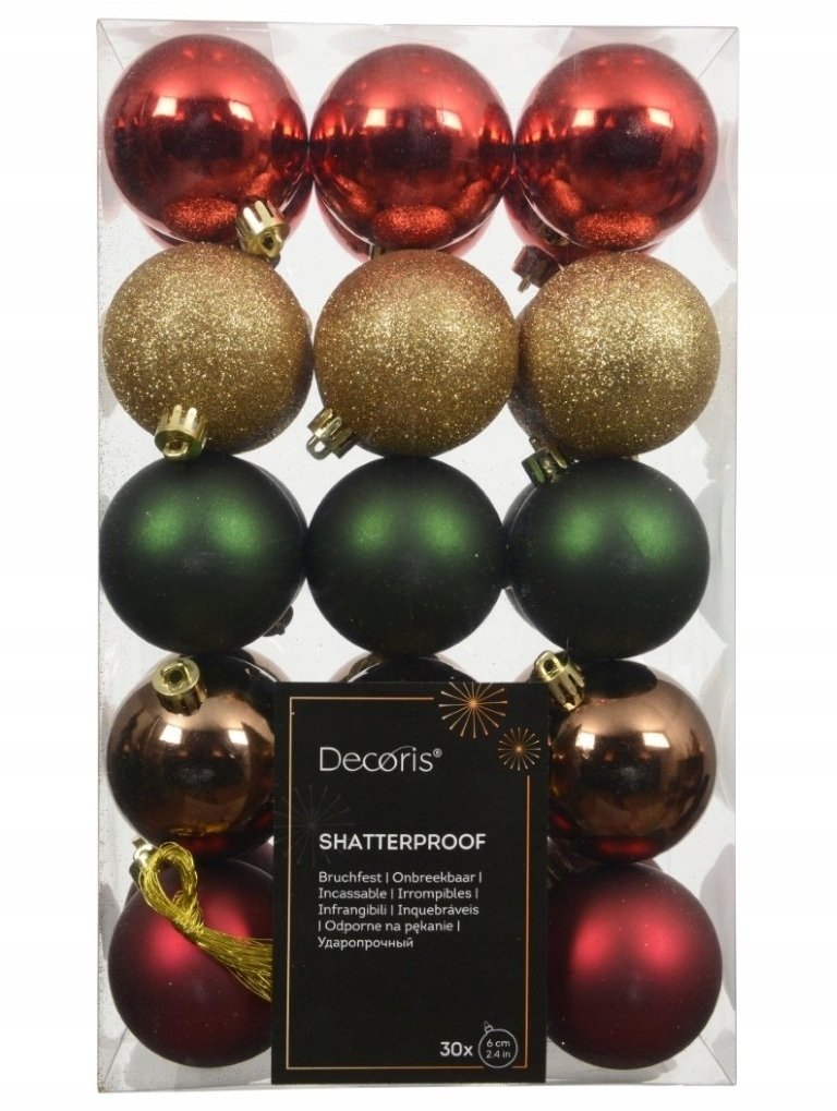 Bombki choinkowe zestaw 30 sztuk 6 cm zielone czerwone złote nietłukące