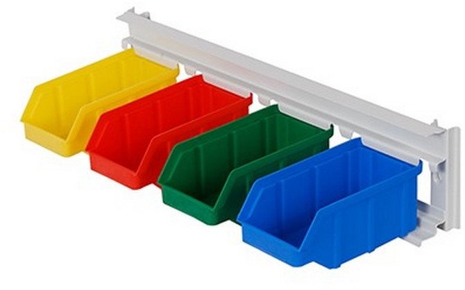 qBox Wieszak do zawieszania pojemników warsztatowych, wym. wieszaka 434 x 92 mm - 4 pojemniki (Pojemniki z pojemnikami)