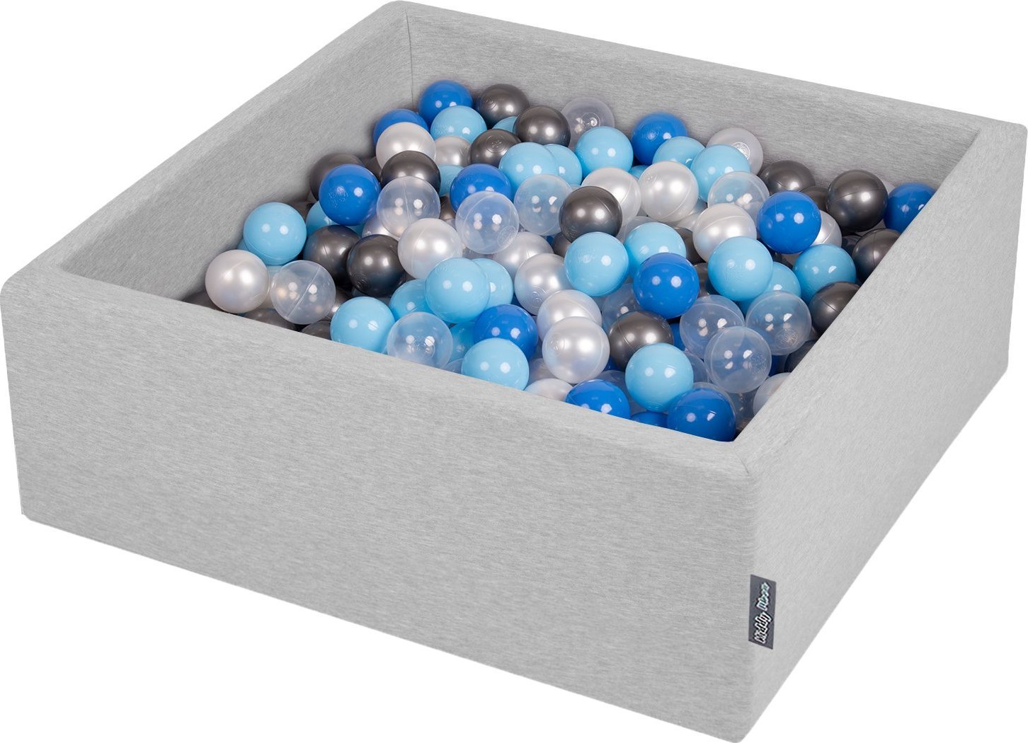 KiddyMoon KiddyMoon Suchy basen kwadratowy z piłeczkami 7cm jasnoszary: perła-niebieski-babyblue-transparent-srebrny 90x30cm/200piłek Zabawka basen pi