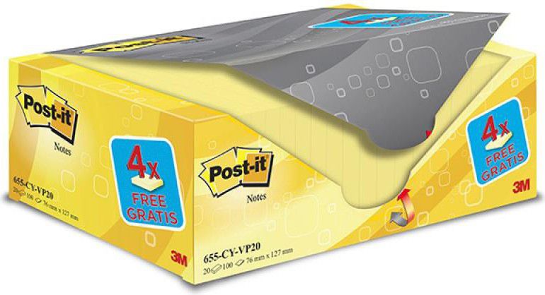3M Bloczek samop. POST-IT® (655CY-VP20), 127x76mm, (20+4)x100 kart., żółte