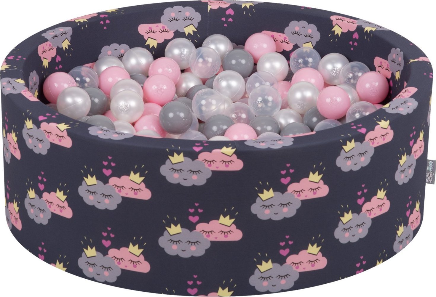 KiddyMoon KiddyMoon Suchy basen okrągły z piłeczkami 7cm chmurki-granat: perła-szary-transparent-pudrowy róż 90x30cm/300piłek Zabawka basen piankowy