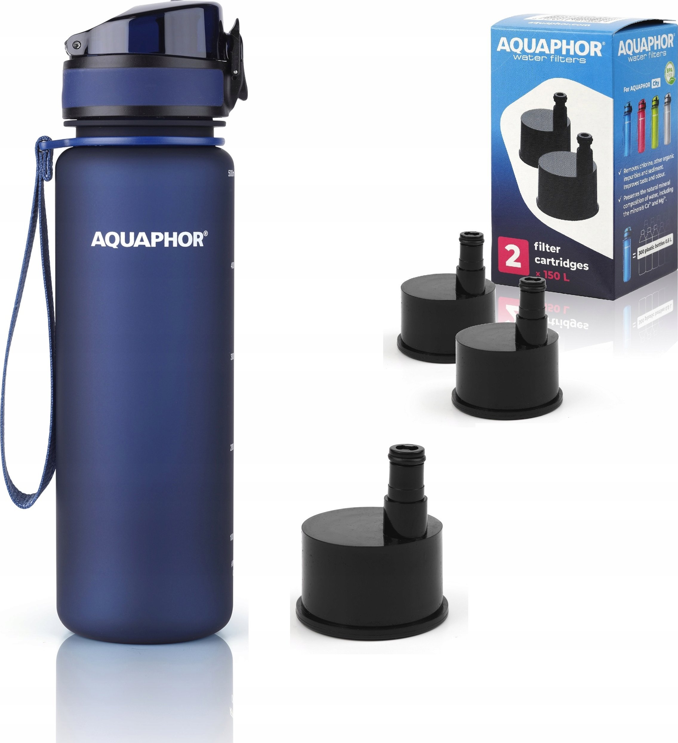 Butelka filtrująca Aquaphor City 500 ml + 3 filtry, granatowa