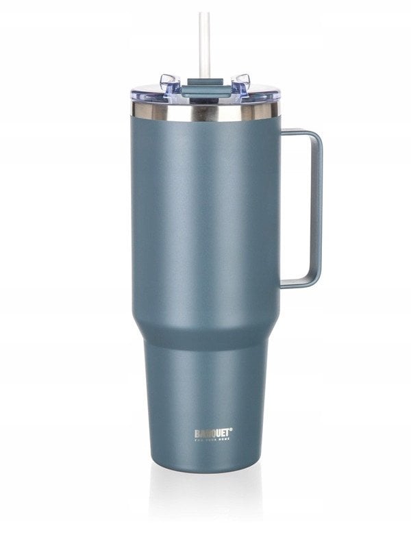STALOWY KUBEK TERMICZNY TERMOS 1200ml Z RĄCZKĄ I SŁOMKĄ BANQUET TWAIN SZARY