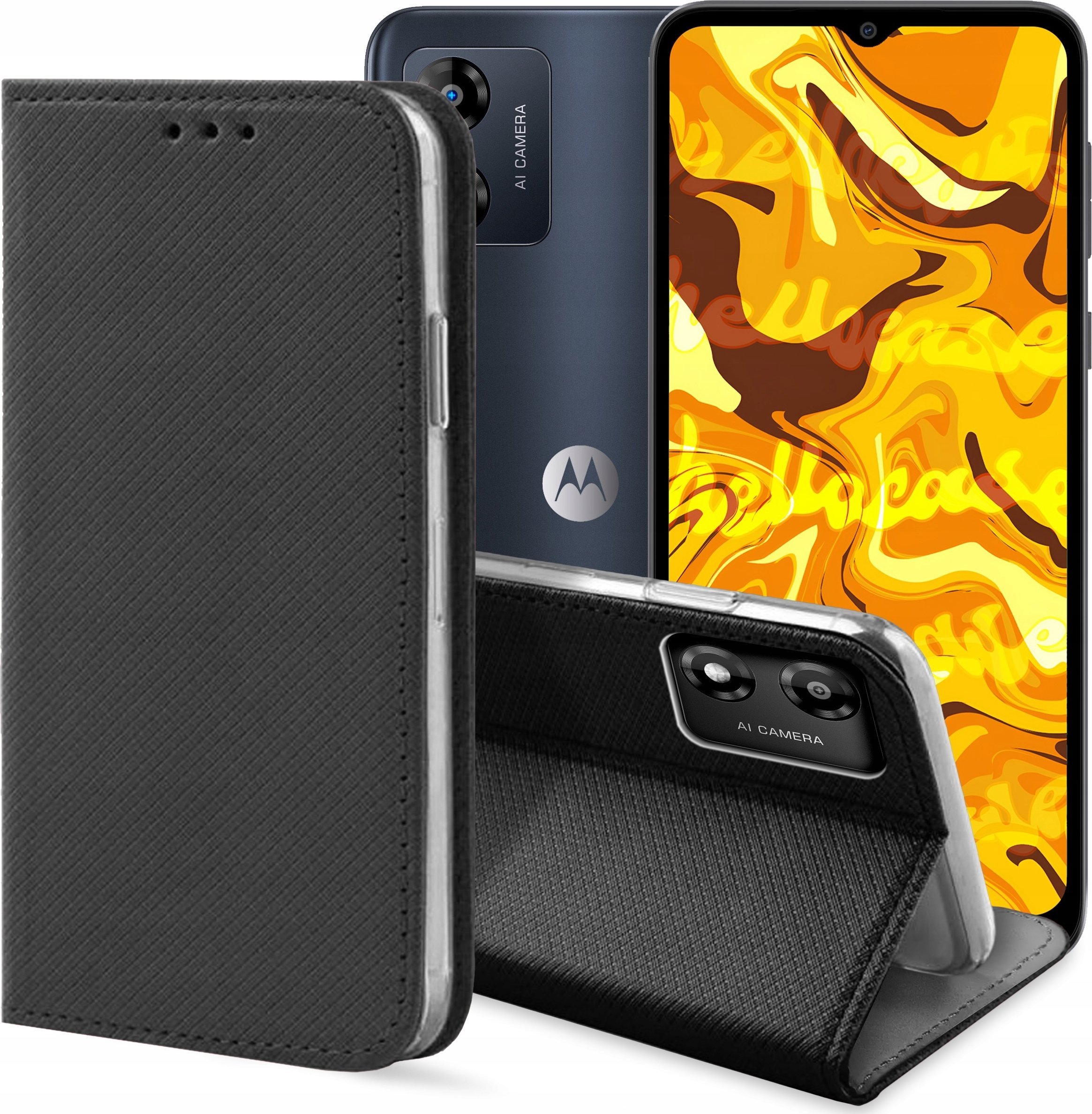 Hello Case ETUI Z KLAPKĄ DO MOTOROLA MOTO E13 CZARNE ZAMYKANE MAGNETYCZNE KABURA FLIP