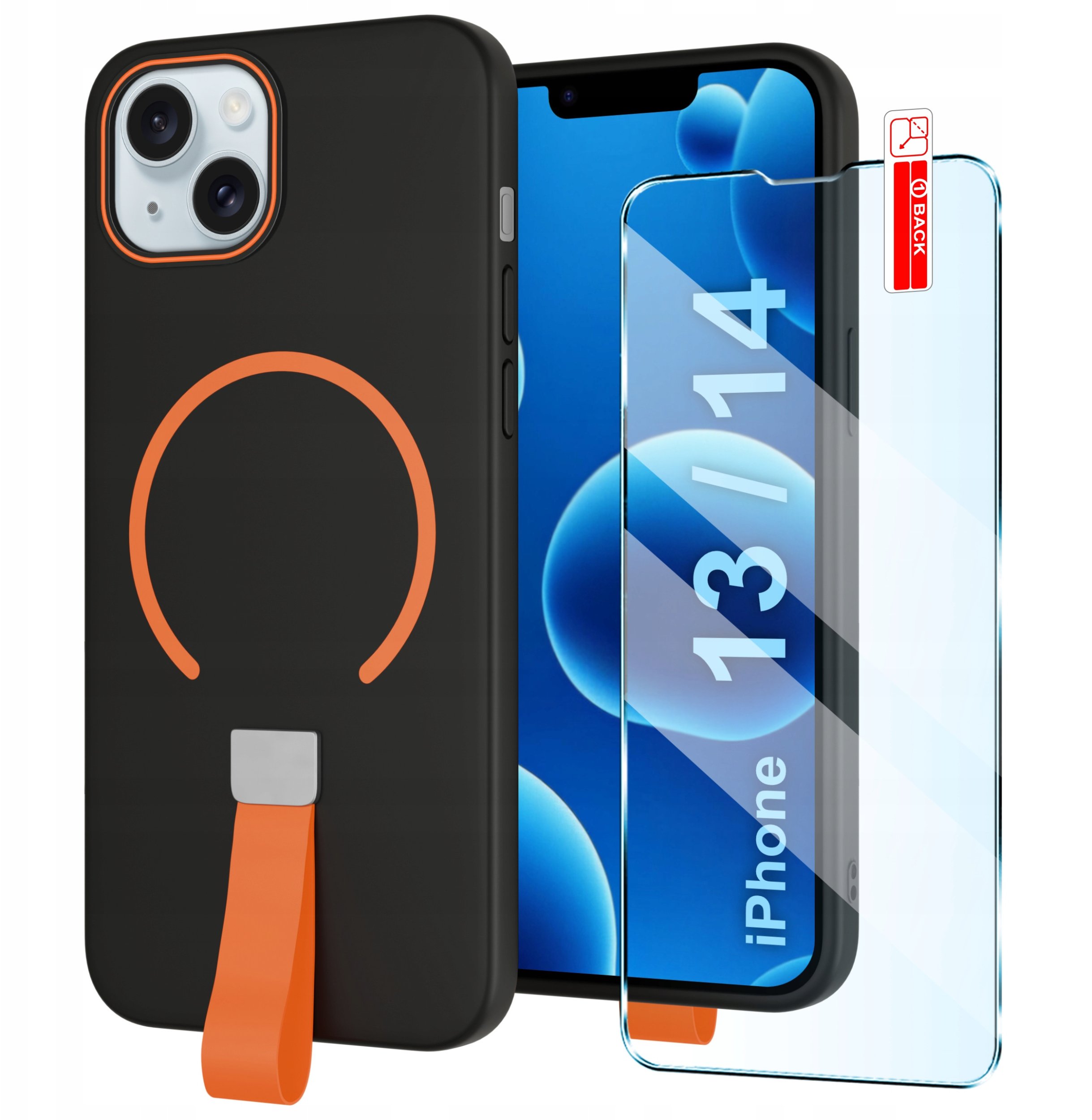 Etui z Paskiem na palec Matowe CZARNE do iPhone 13 | 14 |do MagSafe +Szkło