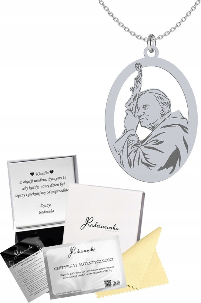 Radziszewska Jewellery Naszyjnik Jan Paweł II Srebro 925 Prezent Łańcuszek GRAWER ŻYCZENIA GRATIS