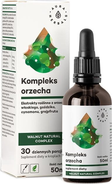 Aura Herbals Kompleks Orzecha, Walnut Natural Complex, orzech włoski, goździki, cynamon, grejpfrut, krople, 50 ml