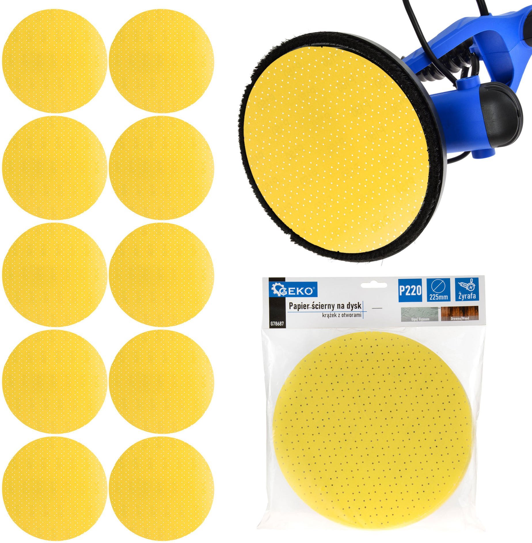 Geko Papier ścierny na dysk – krążek z otworami 225mm P220 /żyrafa/ (10/100/500)