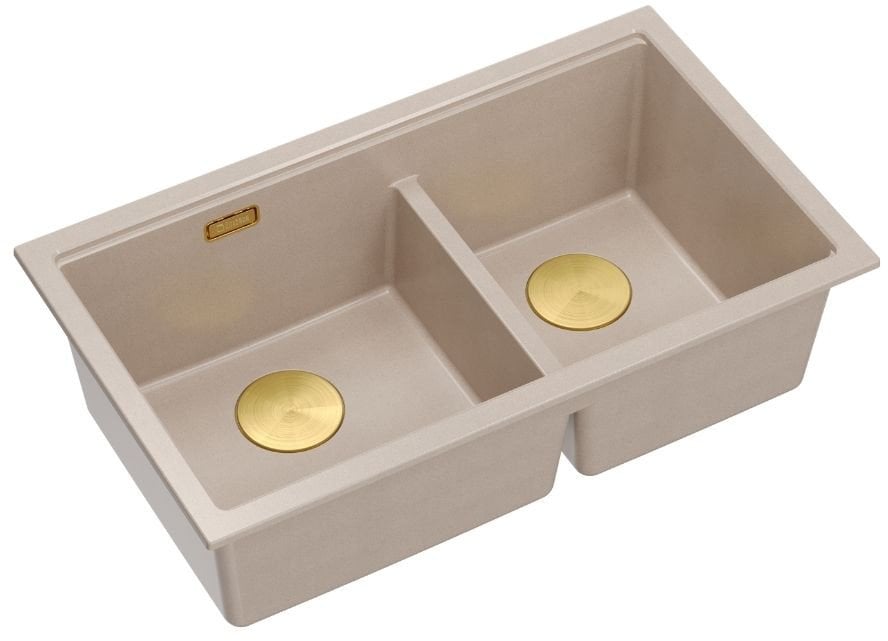 QUADRON | LOGAN 120 | granitowy zlewozmywak kuchenny PEARL BEIGE + ZŁOTO PVD | wymiar: 76 x 45 x 23,5 cm | 2-komorowy podwieszany | podbudowa szafki o