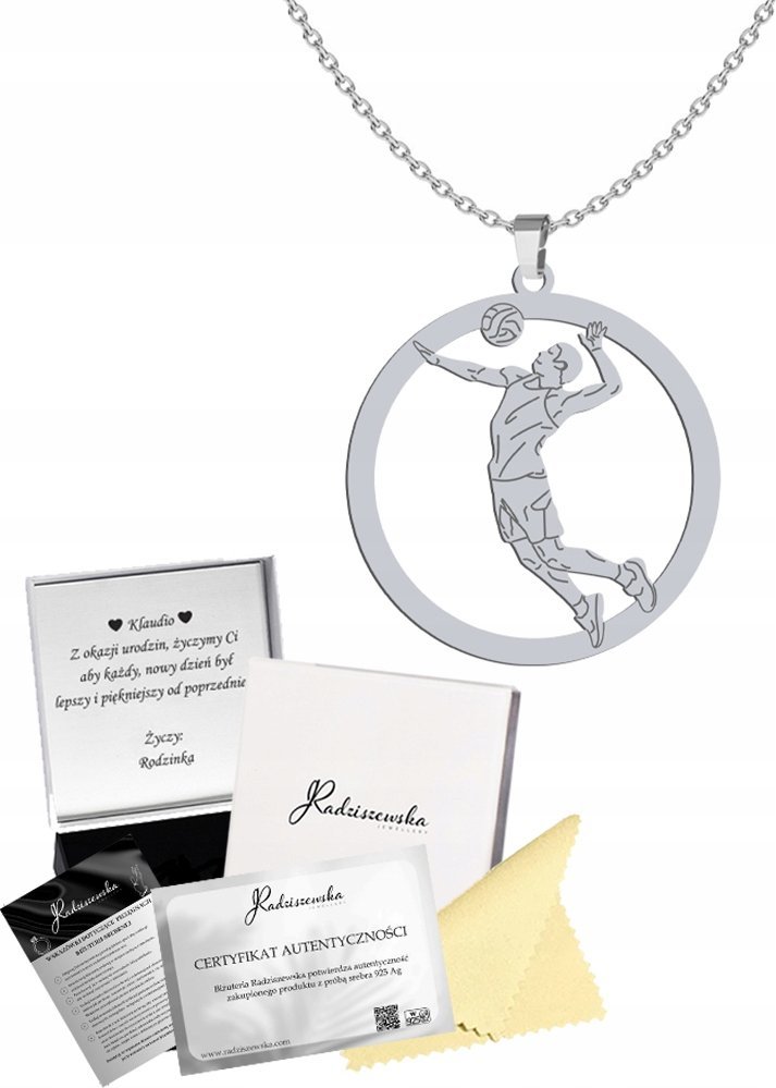 Radziszewska Jewellery Naszyjnik Srebrny Siatkarz Siatkówka Męska Łańcuszek 925 GRAWER GRATIS