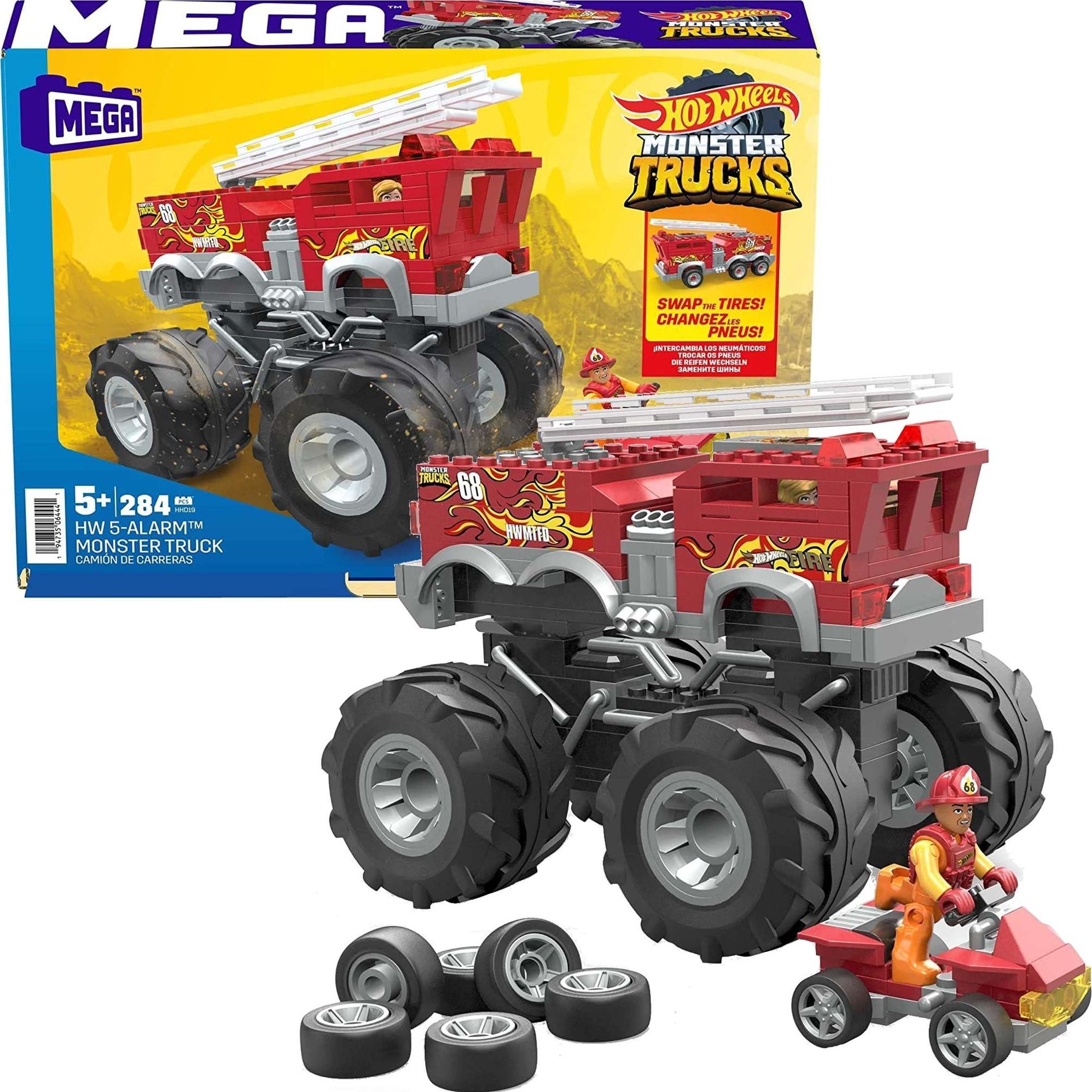 Mattel Hot Wheels Monster Trucks Mega - Pojazd do zbudowania 5-Alarm + łazik ATV Zestaw klocków HHD19