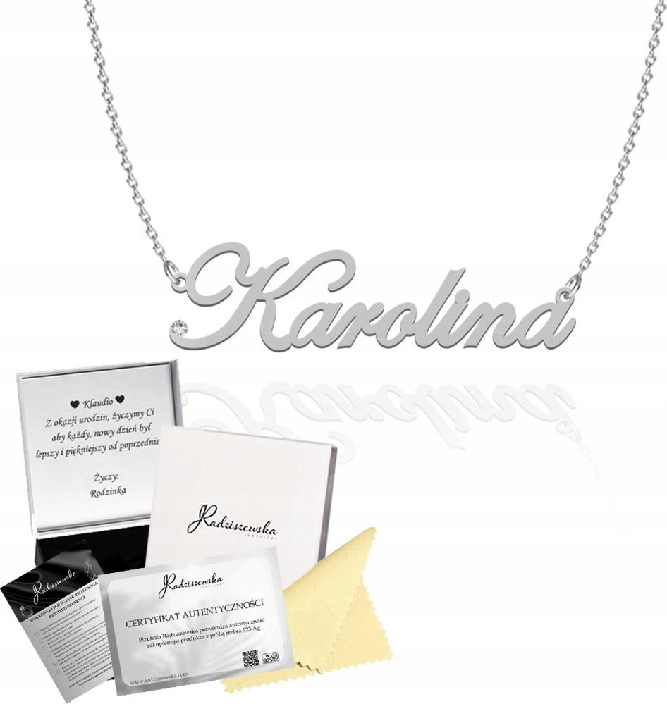 Radziszewska Jewellery Naszyjnik Srebrny z Imieniem Karolina Łańcuszek 925 DEDYKACJA GRATIS