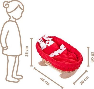 WickerPL Bujane ŁÓŻECZKO KOŁYSKA Z WIKLINY DLA LALEK Z POŚCIELĄ 46X28 H 20/25 CM