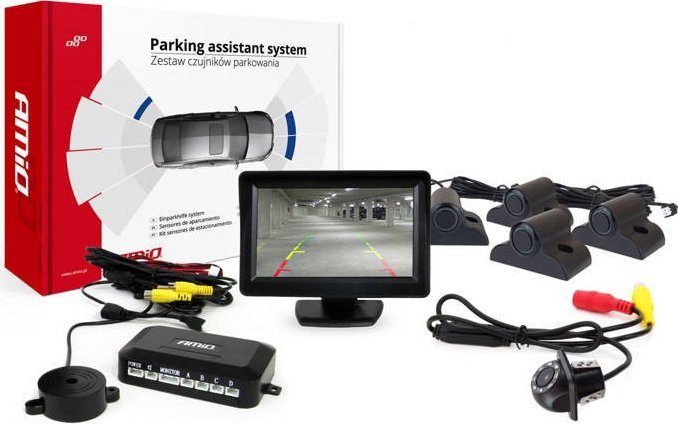 AMiO Zestaw czujników parkowania tft01 4,3" z kamerą hd-305-led 4 sensory czarne truck