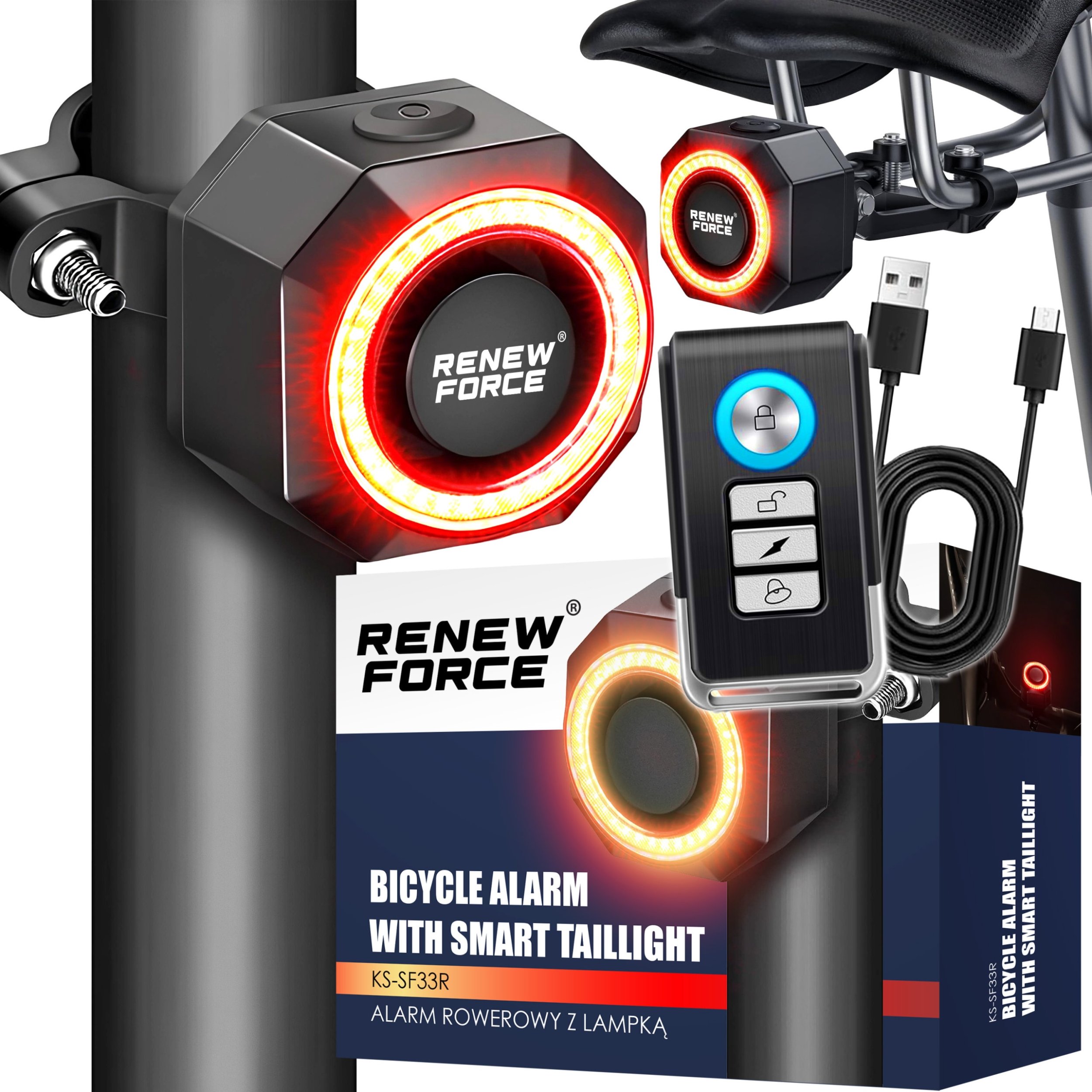 Bezprzewodowy Alarm Rowerowy Lampka Tylna Tył Rowerowa Głośny + Pilot 110Db