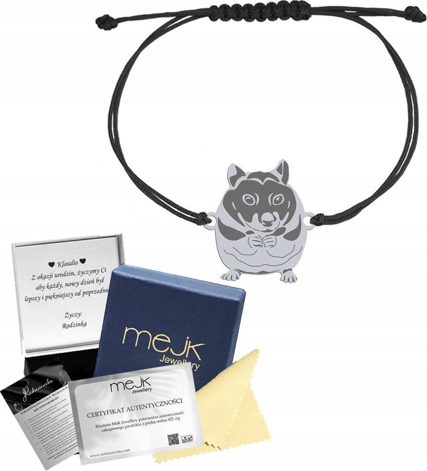 Radziszewska Jewellery Bransoletka Srebrna z CHOMIKIEM Sznurek SREBRO 925 Prezent DEDYKACJA GRAWER