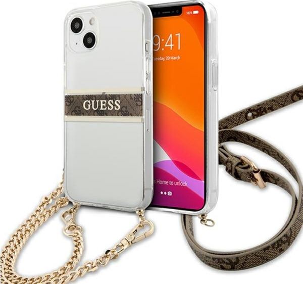 Guess Etui GUHCP13SKC4GBGO Apple iPhone 13 mini Transparent hardcase 4G Brown Strap Gold Chain