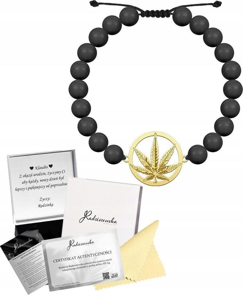 MEJK Jewellery Bransoletka Złota MARIHUANA Męska z Perłami SREBRO 925 DEDYKACJA GRATIS