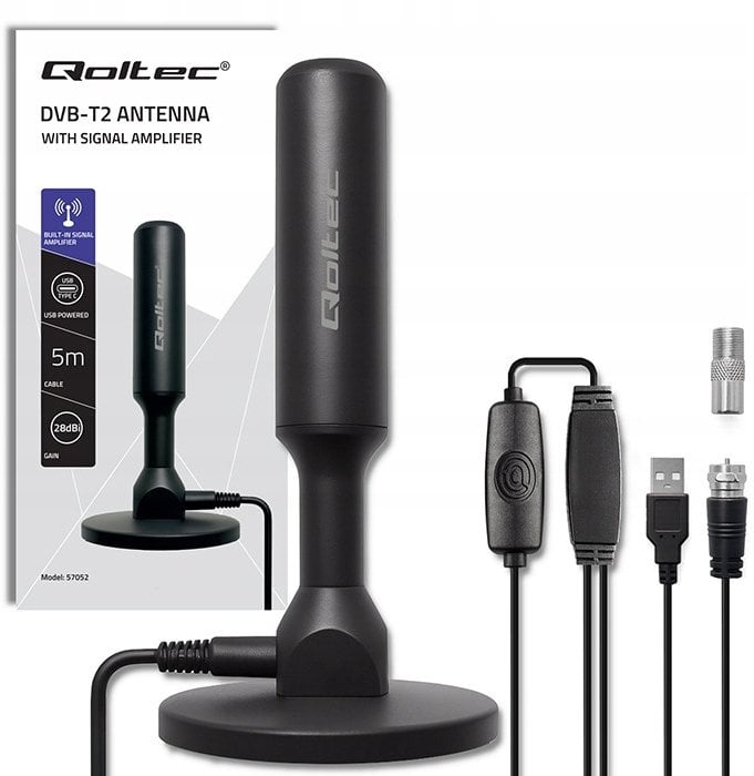 Qoltec Wewnętrzna Antena TV DVB-T2 ze wzmacniaczem sygnału i magnetyczną podstawą | 4K | 28dBi | 5m