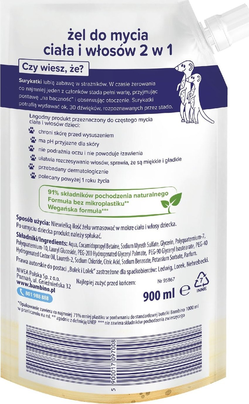 Nivea Bambino Dzieciaki Żel do mycia ciała i włosów 2w1 Surykatki Refill 900 ml