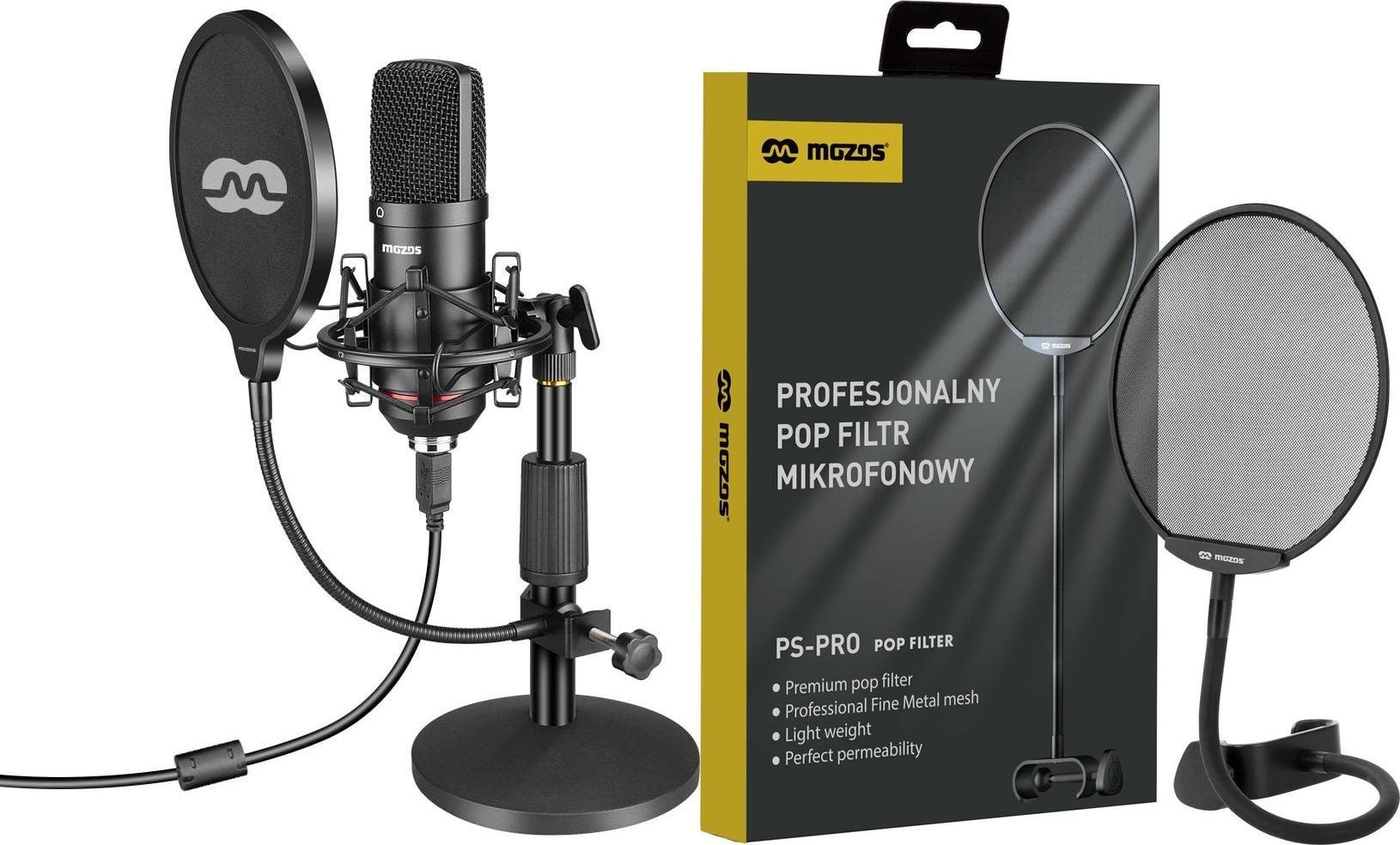Mikrofon Mozos Mikrofon Mozos USB MKIT-900PRO Gamer + Popfiltr mikrofonowy PS-PRO