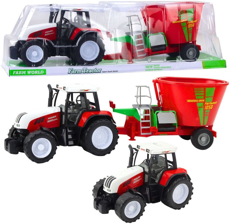 DUŻY TRAKTOR ROLNICZY CIĄGNIK FARMERSKI 60CM PRZYCZEPA MIESZALNIK PASZY CZERWONY