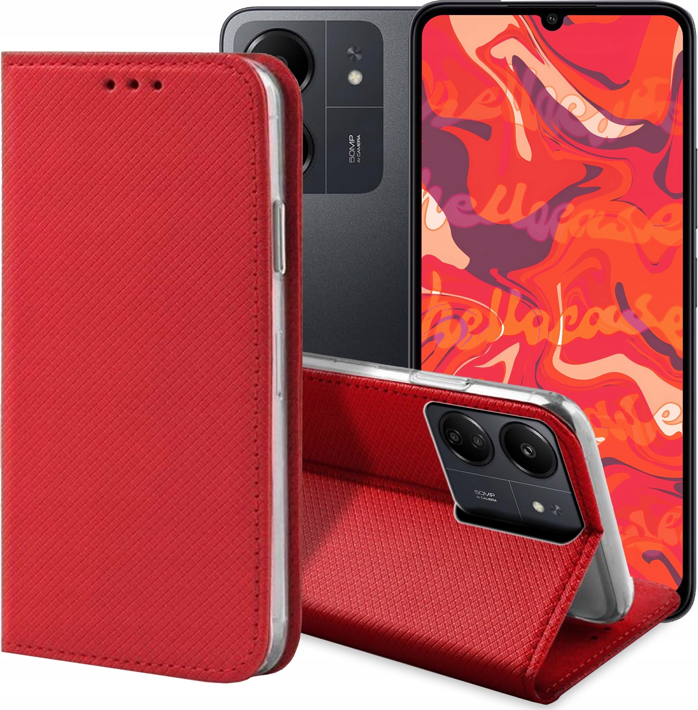 ETUI Z KLAPKĄ DO XIAOMI REDMI 13C 4G / 13C 5G / POCO C65 CZERWONE ZAMYKANE