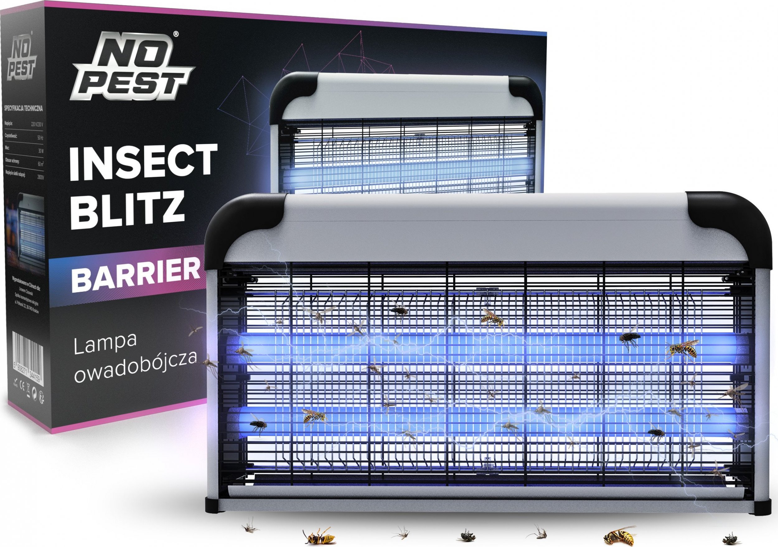 NO PEST Duża Lampa Owadobójcza Ścienna Insect Barrier Lampa na Komary Muchy Meszki Ćmy Mole Osy i Inne Owady na Ścianę