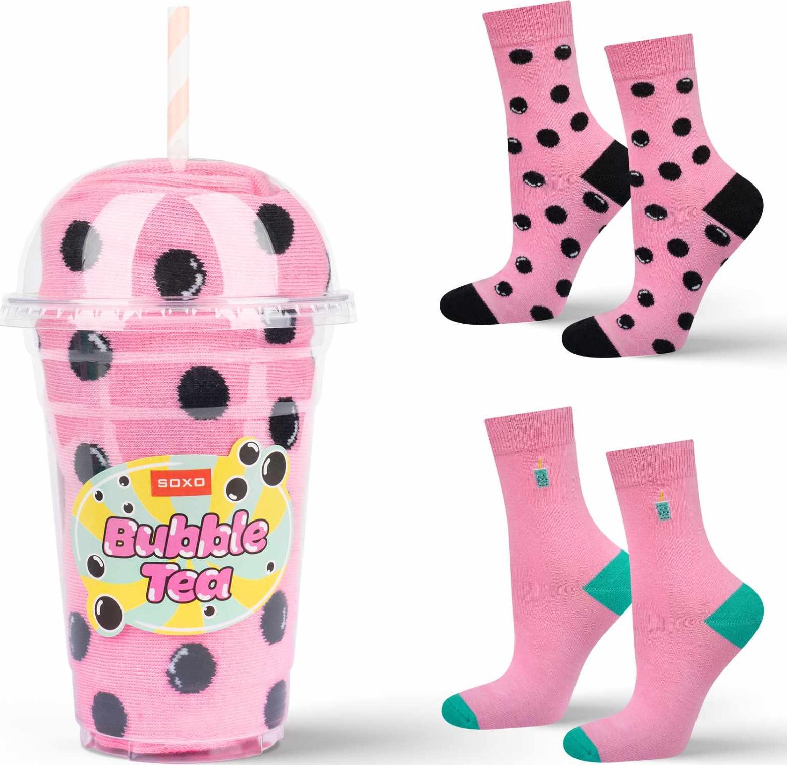 Soxo Zestaw 2x Skarpetki męskie damskie różowe Bubble Tea idealna na prezent 3540