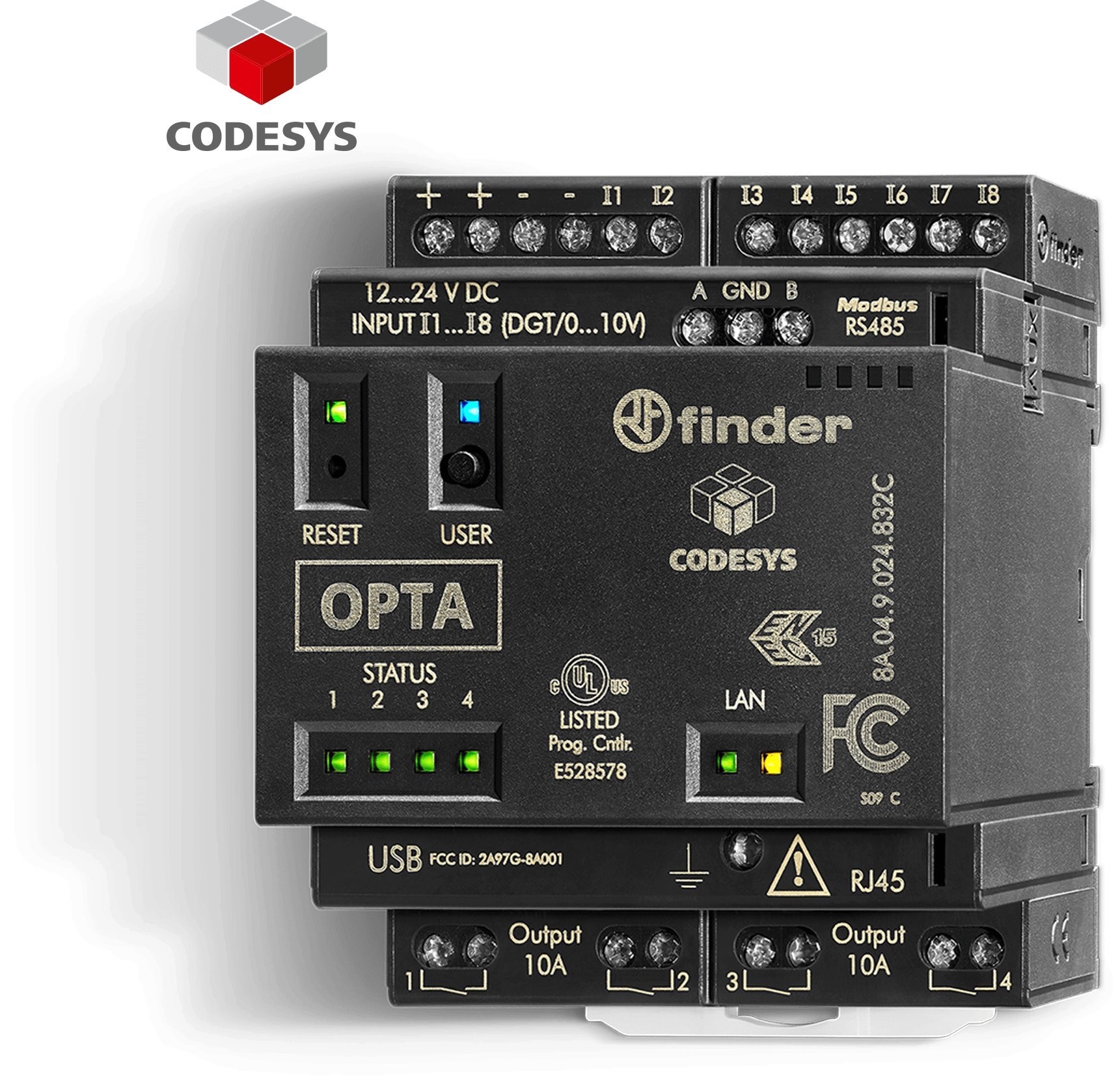 Programowalny przekaźnik logiczny Finder CODESYS ADVANCED 12...24V DC RJ45 lub MODBUS TCP/IP, MODBUS RS485 8A.04.9.024.832C