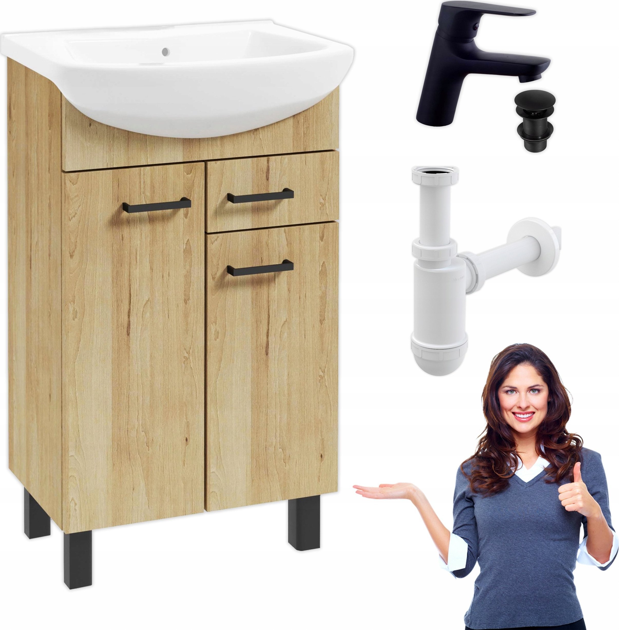 Stamar Zestaw Szafka z Umywalką 50 Buk Szufladka + Czarna Bateria Klik Klak Syfon