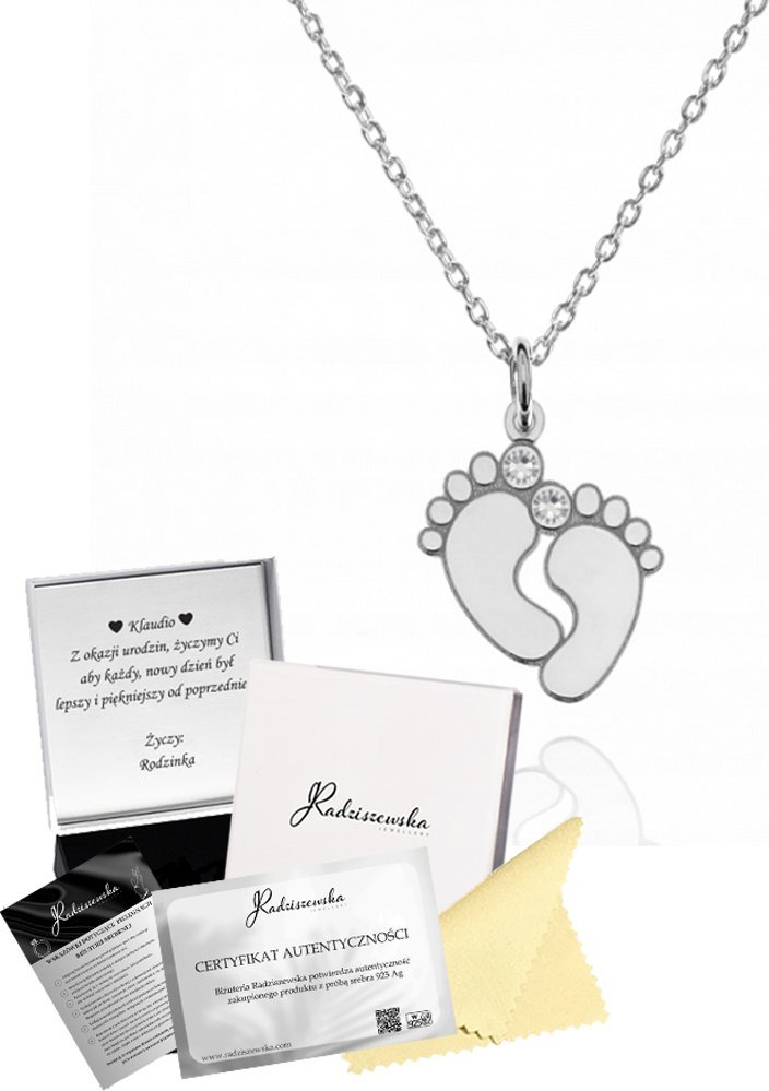 Radziszewska Jewellery Naszyjnik ze Stópkami Imię Dziecka srebro925 Dzień Mamy GRAWER GRATIS