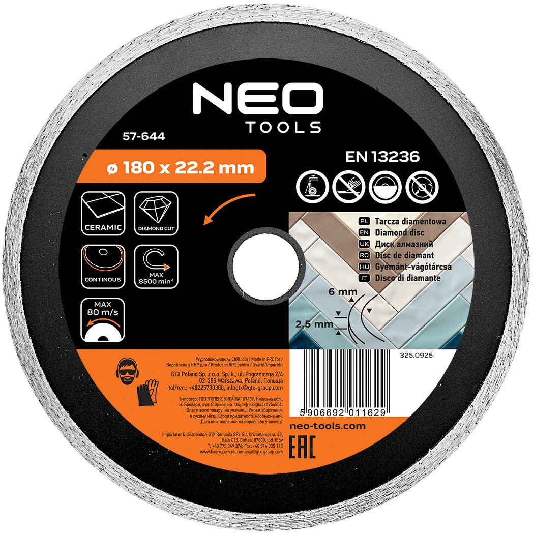 Tarcza diamentowa 180 x 22.2 mm, pełna