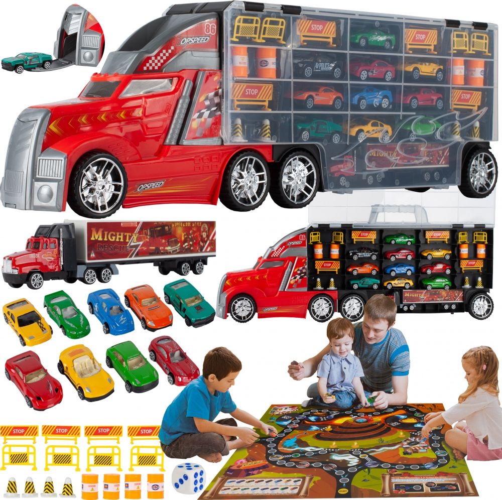 MalPlay Ciężarówka Resoraki Auta Wyrzutnia 10 autek gra planszowa Laweta Tir