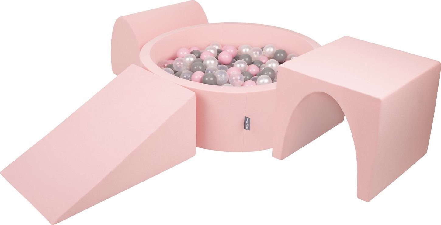 KiddyMoon Piankowy plac zabaw PPZP-OK30D-124 z piłeczkami różowy: perła-szary-transparent-pudrowy róż basen 300/klin L/górka/tunel Zabawka plac zabaw