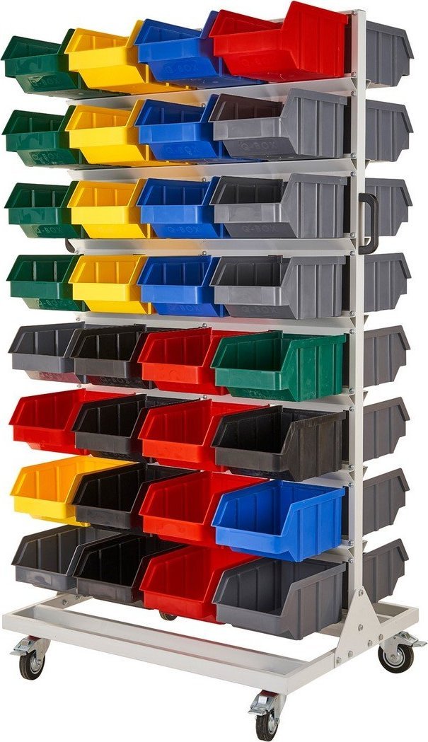 qBox Regał do pojemników warsztatowych, jezdny. Wym: 1740x940x700mm 64 pojemniki (Regał bez pojemników)