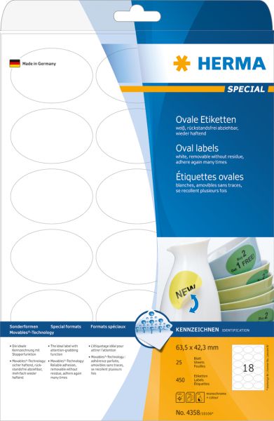 Herma Etykiety odklejalne Movables owalne, białe, papier matowy, 450 szt (4358)
