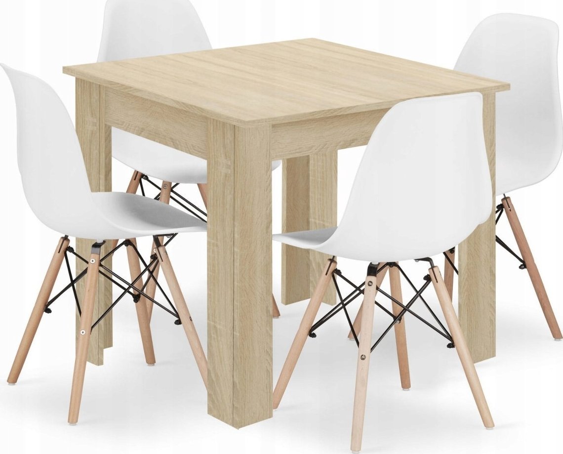 Leobert Zestaw stół kwadratowy 80x80 dąb sonoma + 4 krzesła OSAKA białe
