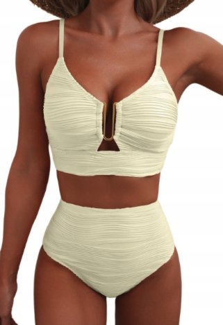 Dwuczęściowy strój kąpielowy V-Neck z wycięciem wysoki stan bezowe bikini L