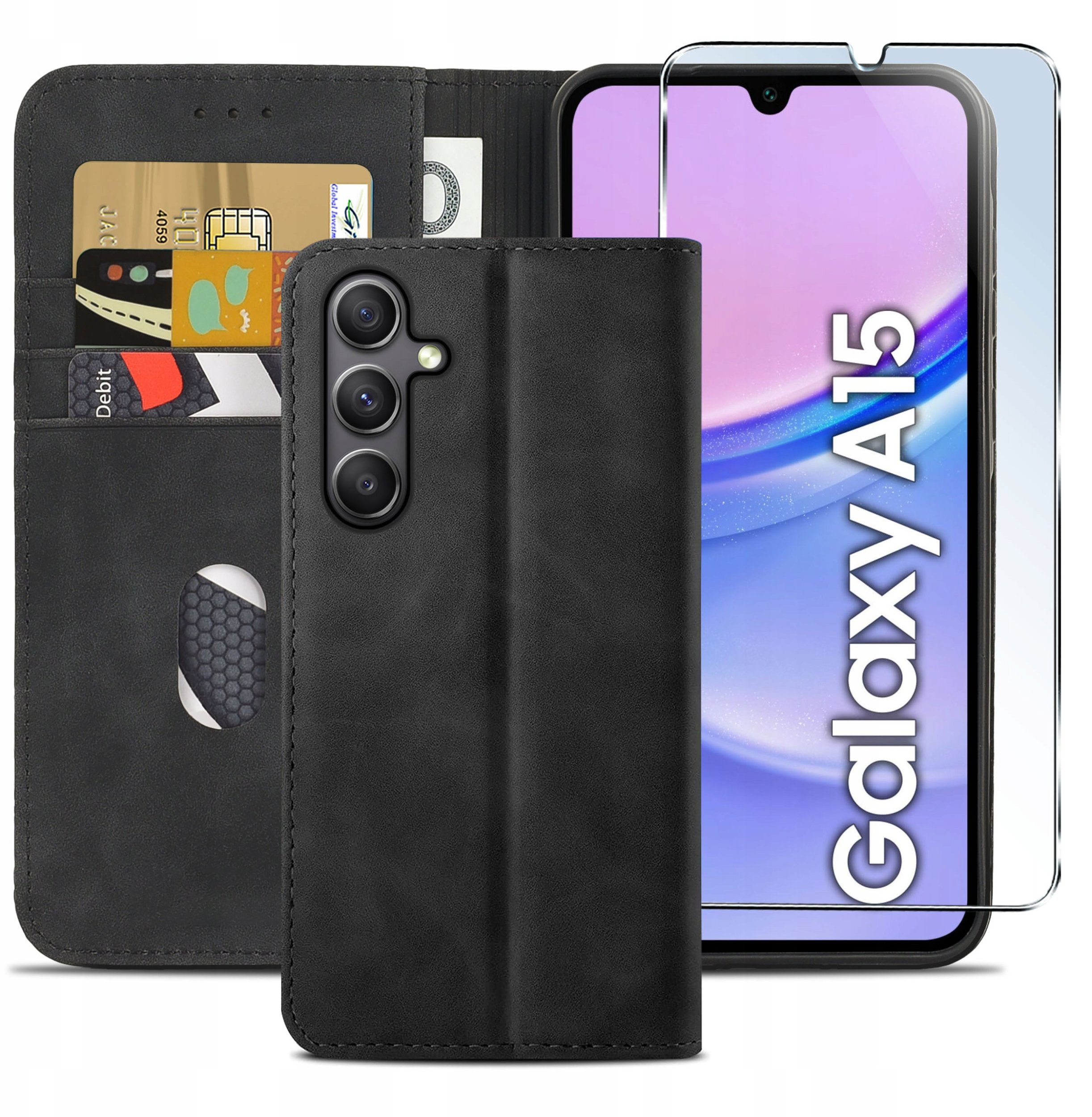 krainaGSM ETUI do Samsung A15 5G Skórzany portfel typu book case + Szkło 9H