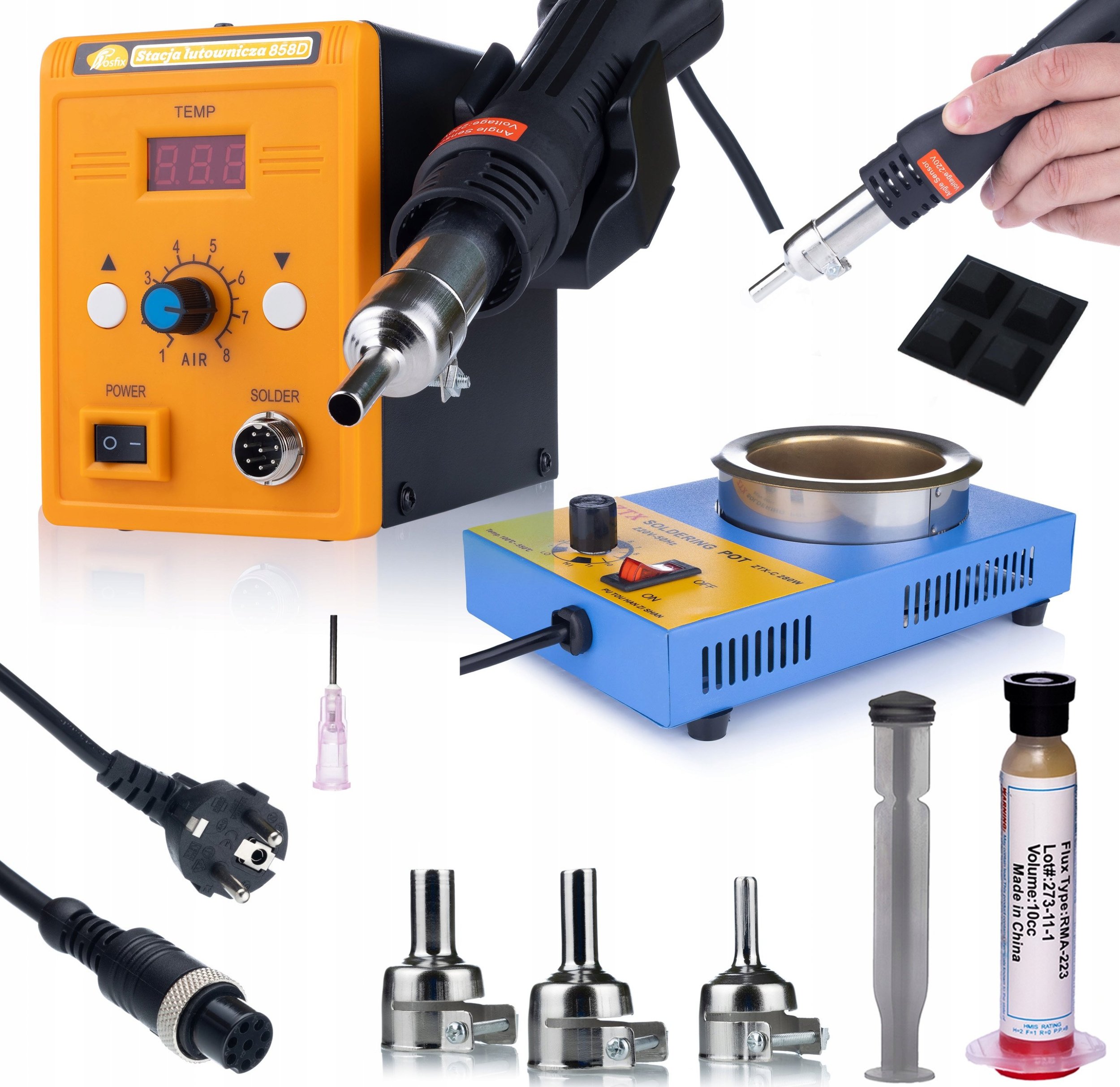 Rosfix ZESTAW STACJA LUTOWNICZA HOT-AIR ROSFIX 858D DYSZE + TYGIEL + FLUX RMA-223