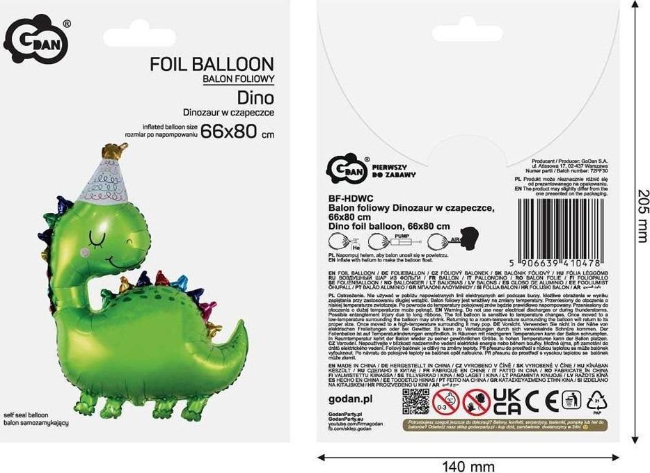 Balon foliowy Dinozaur w czapeczce 36cm