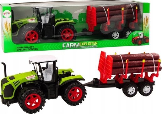 LeanToys Traktor Farmerski Z Przyczepą Na Drewno 9 Bali Drzewa Napęd Zielony